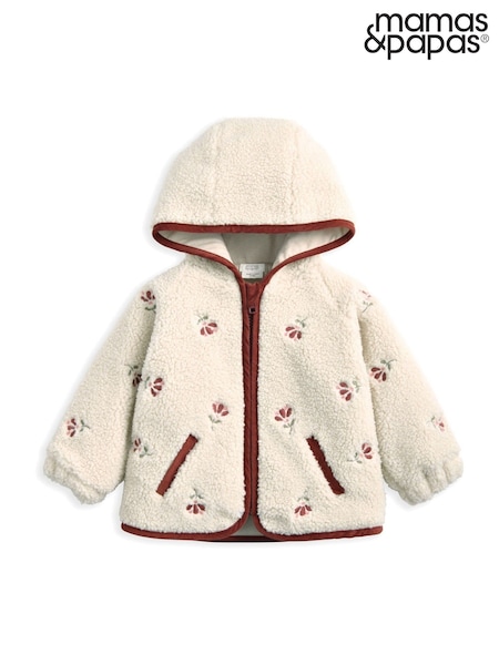 Mamas & Papas Cream Embroidered Hooded Borg Jacket (H89882) | R$ 385