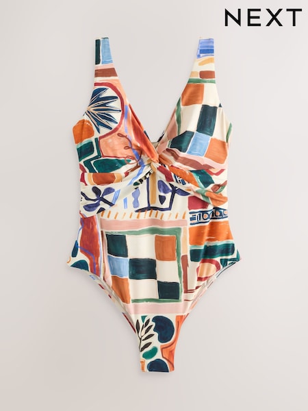 Cream/Brown Abstract Plunge Tummy Control Swimsuit (H89914) | $65