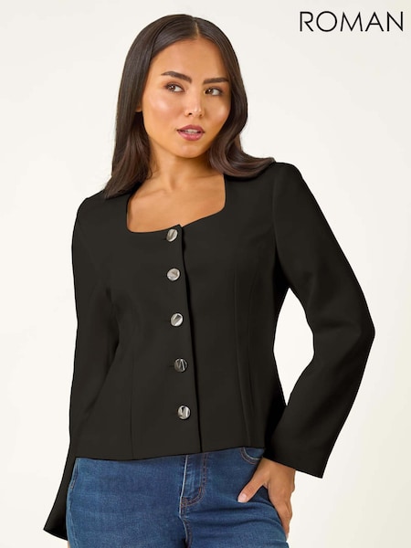 Preto - Roman Petite Scoop Neck Buttoned Jacket (H89926) | R$ 785