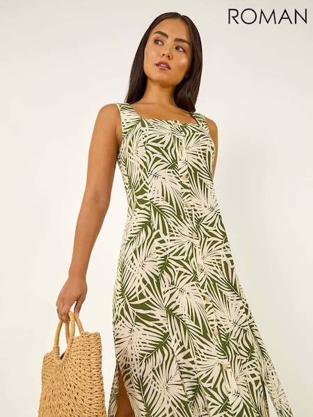 Roman Petite Leaf Print Button Midi Dress (H89935) | R$ 665
