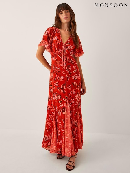 Monsoon Orange Tallie Floral Print Cape Maxi Dress (H90158) | €179