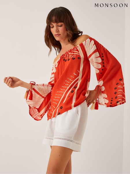 Monsoon Orange Nara Print Bardot Top (H90161) | €69