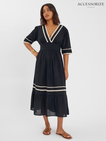 Accessorize Black V-Neck Ric Rac Midi Dress (H90169) | €77