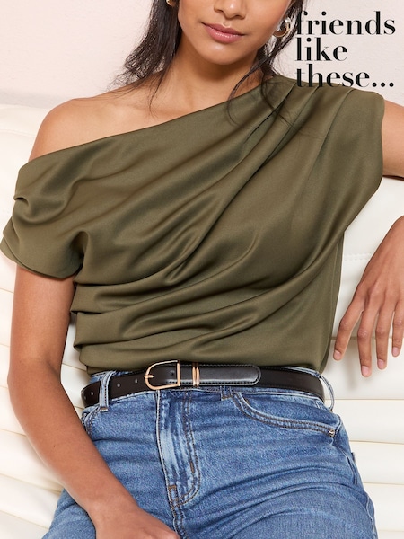 Friends Like These Olive Green Draped Off The Shoulder Top (H90322) | €42