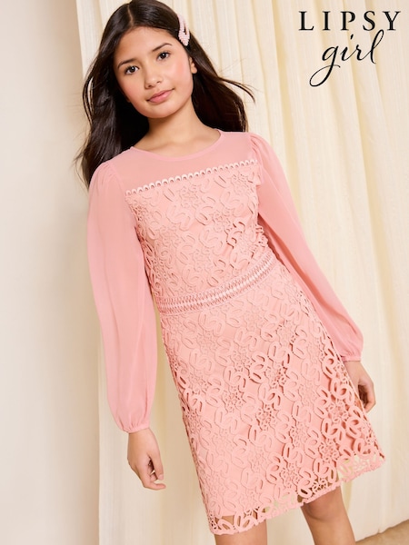 Lipsy Rose Pink Lace Chiffon Occasion Dress (5-16yrs) (H90356) | ₪239 - ₪274