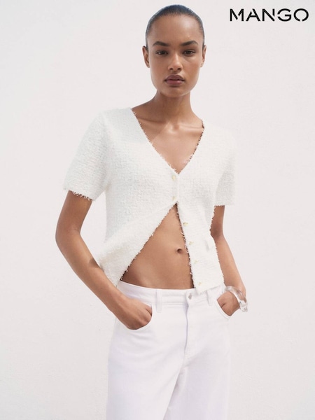 Mango White Short-Sleeved Bouclé Cardigan (H90374) | €58