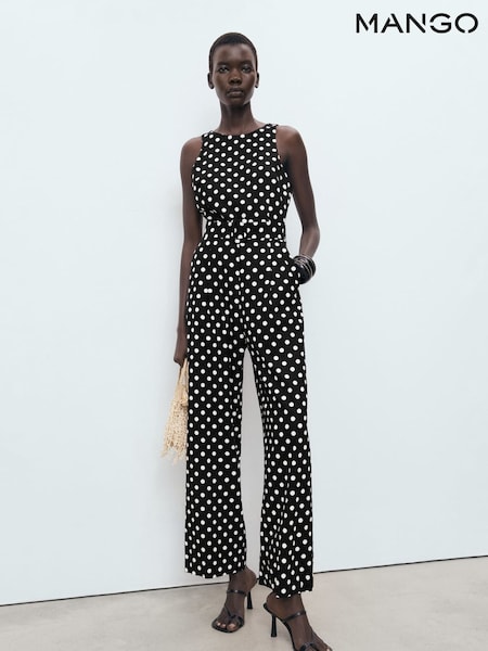 Mango Black Linen Jumpsuit With Polka-Dot Belt (H90386) | €83