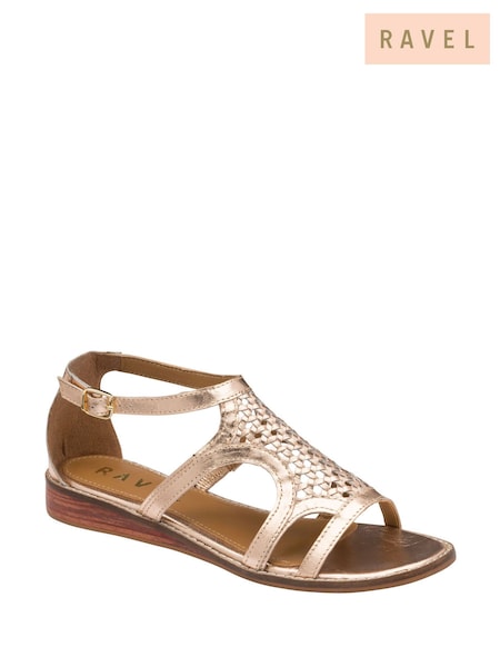 Ravel Gold Ladies Low Wedge Leather Sandals With A Woven Front And Rear Zip Fastening (H90598) | €83