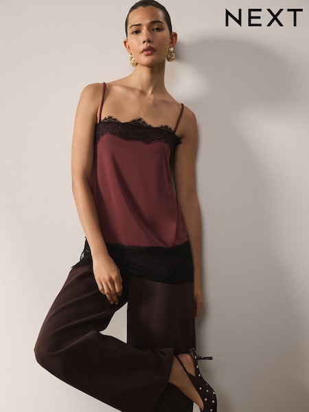 Burgundy Red Lace Trim Sleeveless Cami Top (H90670) | ₪83