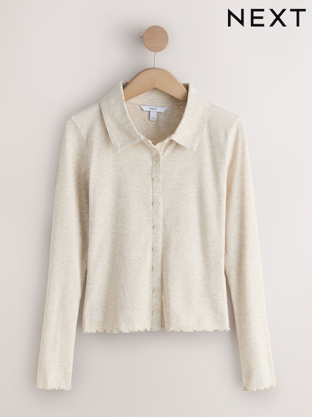 בז' - Ribbed Long Sleeve Button Through Polo Shirt (H90678) | ‏80‏₪