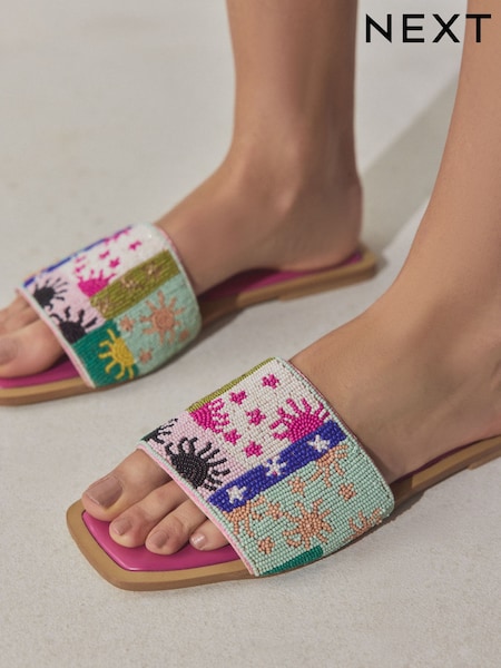 Multi Pink Forever Comfort® Beaded Square Toe Mules (H90802) | kr477