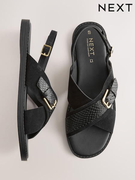 Black Suede Standard/Wide Fit Forever Comfort® Buckle Detail Sling Back Sandals (H90820) | SGD 56