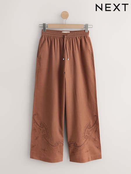 Camel Pull On Broderie Wide Leg Trousers with Linen (H90828) | €51.50
