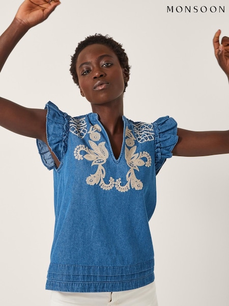 Monsoon Blue Holly Embroidered Denim Blouse (H90925) | €75