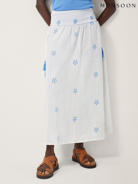 Monsoon White Daisy Embroidered Floral Print Midi Skirt (H90928) | €75