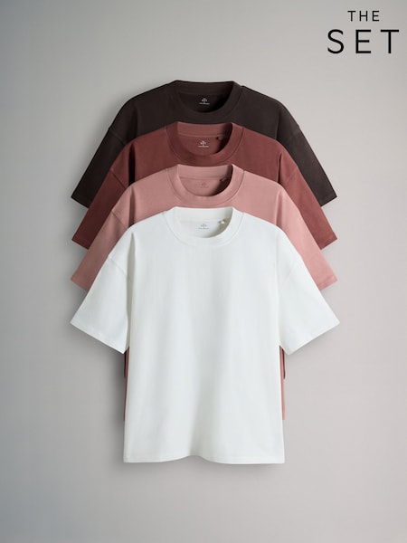 The Set 4 Pack Oversized Heavy Cotton Crew Neck TShirts Pink/Tan (H91059) | $70