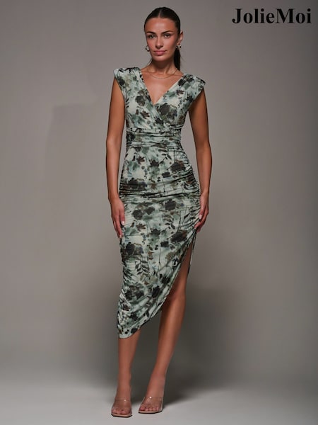 Jolie Moi Grey Abstract Ruched Asymmetric Bodycon Dress (H91066) | €79