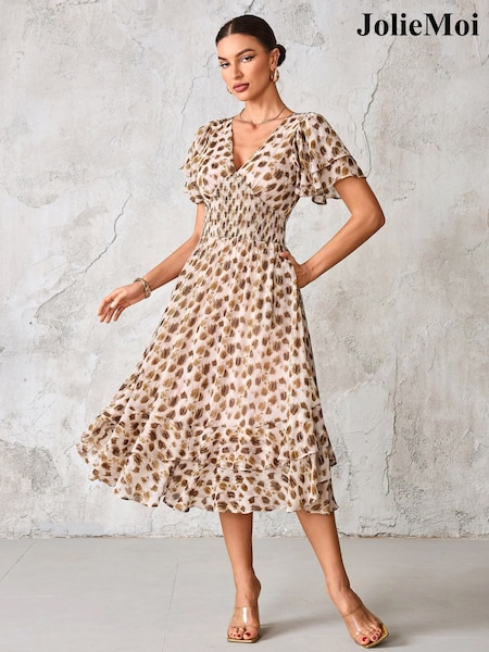 Castanho - Jolie Moi Frill Hem Chiffon Midi Dress (H91071) | R$ 740