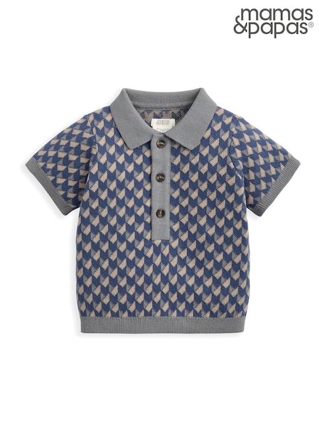 Mamas & Papas Blue Jacquard Knit Polo Shirt with Button Placket (H91121) | R$ 195