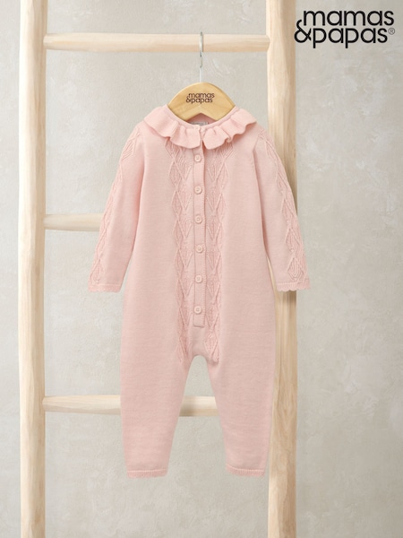 Mamas & Papas Pink Diamond Stitch Knitted Romper with Frill Collar (H91125) | €45