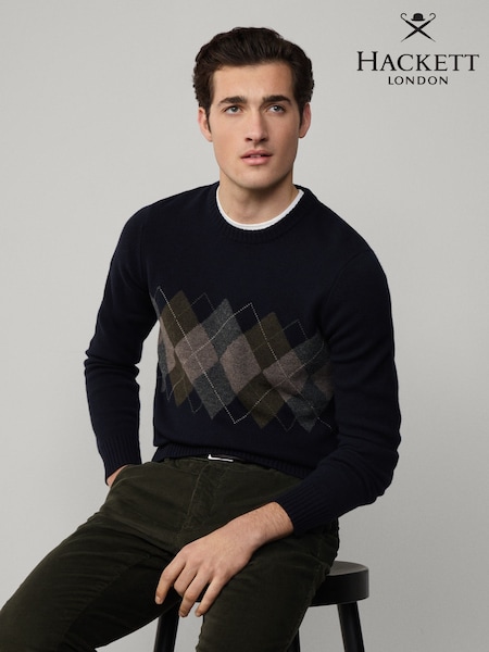 Hackett Blue Merino Wool Argyle Crew Neck Jumper (H91196) | €255