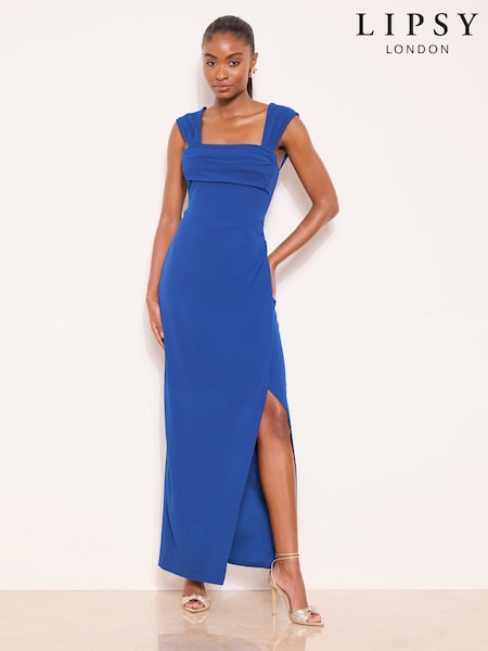 Lipsy Cobalt Blue Petite Square Neck Short Sleeve Ruched Maxi Dress (H91296) | OMR44