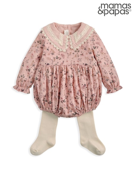 Mamas & Papas Pink Bramble Print Short Romper & Tights Set (H91434) | €50