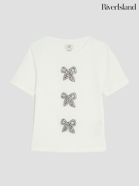 River Island Cream Girls Ribbed Bow T-Shirt (H91557) | AED105
