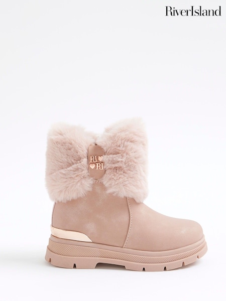 River Island Pink Girls Patent Heart Bow Fur Boots (H91570) | €45