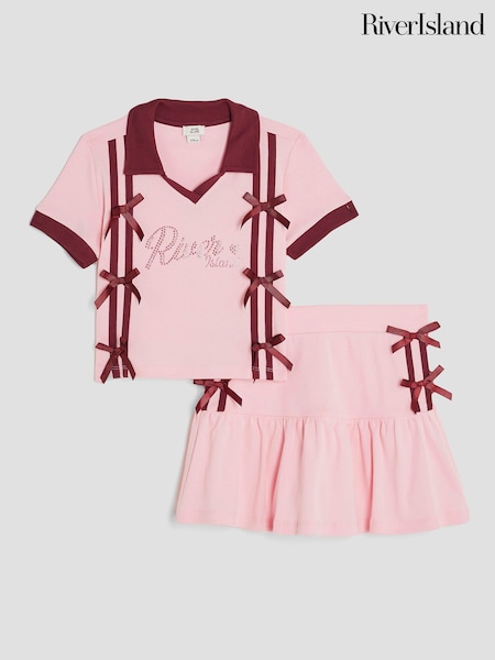 River Island Pink Girls Bow Polo Shirt and Skirt Set (H91571) | €42