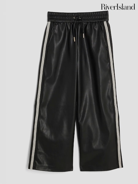 River Island Black Faux Leather Side Stripe Wide Leg Trousers (H91575) | €37