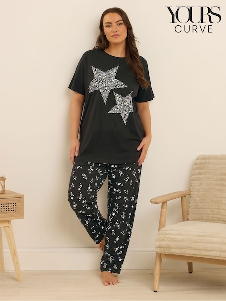 Yours Curve Black Starry Night Short Sleeve Wide Leg Pyjamas Set (H91613) | €38