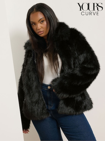 Yours Curve Chrome Black Faux Fur Hooded Jacket (H91615) | €94