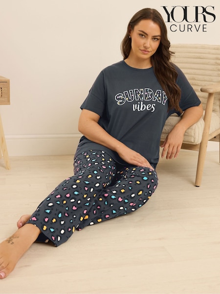 Yours Curve Blue Sunday Vibes Short Sleeve Wide Leg Pyjamas Set (H91625) | €38