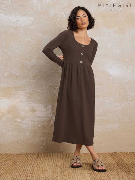PixieGirl Petite Ribbed Button Maxi Dress (H91691) | R$ 305