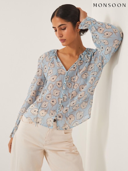 Monsoon Blue Chloe Floral Print Ruffle Blouse (H91720) | €87