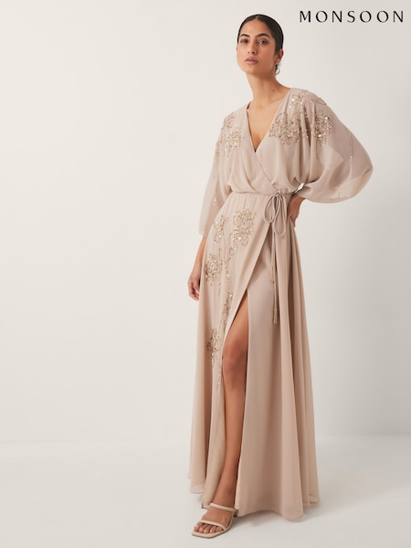 Monsoon Nude Skyla Floral Print Embellished Maxi Wrap Dress (H91729) | OMR83