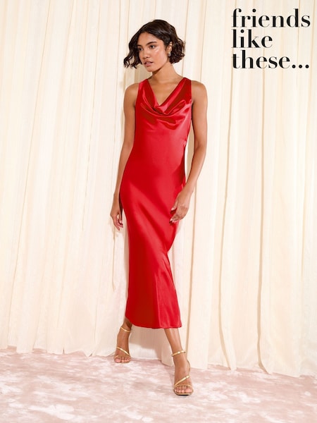 Friends Like These Red Satin Cowl Neck Midi Dress (H91744) | €69