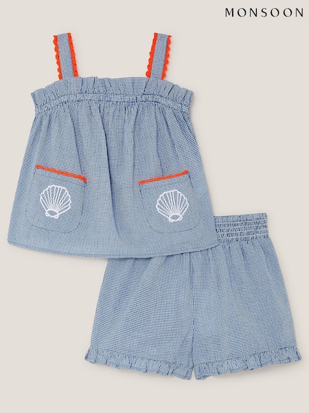 Monsoon Blue Embroidered Gingham Top & Shorts Set (H91746) | AED256 - AED298