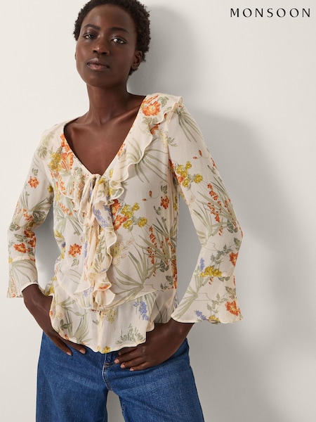 Monsoon Natural Jesse Sheer Frill Floral Print Blouse (H91749) | €75
