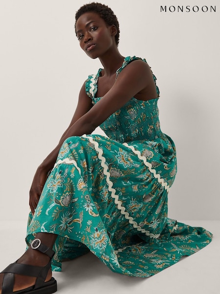 Monsoon Green Saoirse Floral Print Smocked Maxi Dress (H91751) | €102