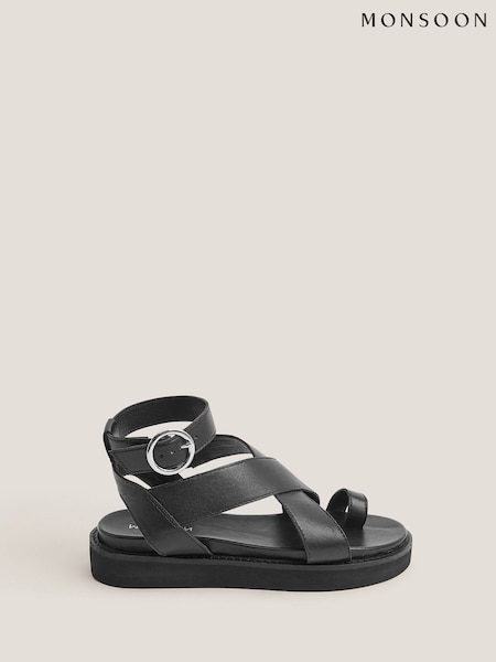 Monsoon Black Toe Strap Cross-Over Leather Sandals (H91752) | €75