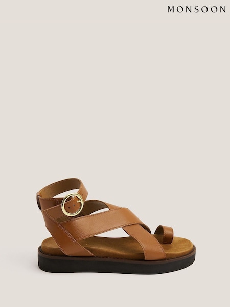 Monsoon Brown Toe Strap Cross-Over Leather Sandals (H91759) | €75