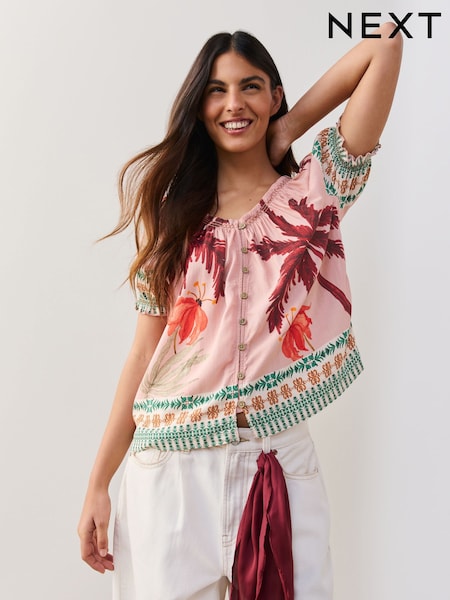 Pastel Palm Tree Border Print - Puff Sleeve Button Front Bardot Top With Linen (H91894) | 192 LEI