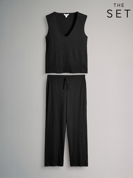 The Set Black Textured V-Neck T-Shirt and Trousers Coord Set (H91899) | €42