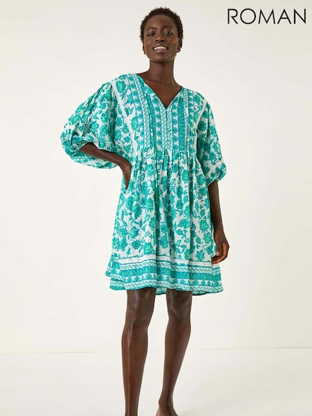 Roman Green Tie Front Border Print Tassle Dress (H91903) | €60