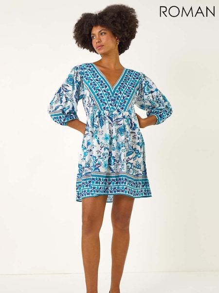 Roman Blue Floral Print Border Dress (H91910) | €60