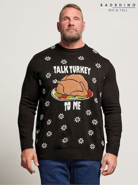 BadRhino Big & Tall Black Talk Turkey To Me Knitted Crew Neck Jumper (H91926) | €48