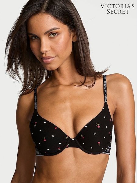 Victoria's Secret Black Ditsy Heart Print Cotton Logo Bra (H91930) | €41