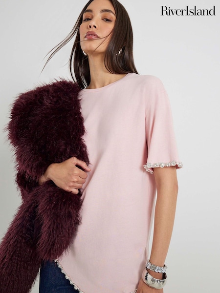 River Island Pink Scallop Hem Diamante T-Shirt (H92163) | AED227